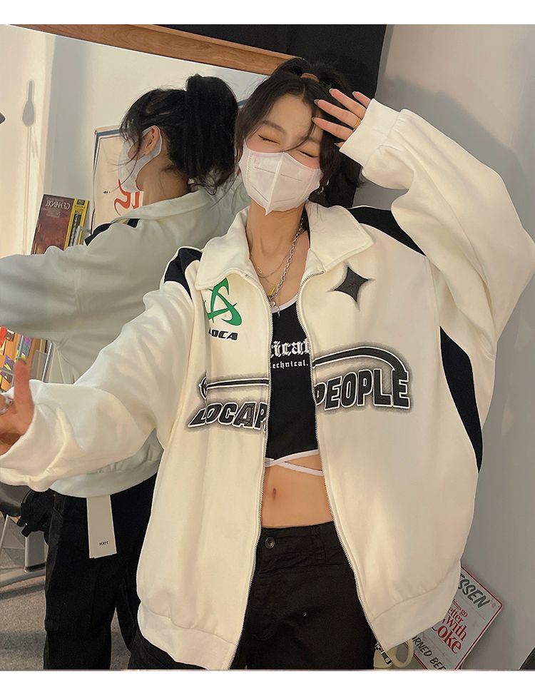Letter Print Zipper Jacket Women American Retro Street Hip Hop Jackets For Women Oversized Korean Casual Trend Y2K Coat Women