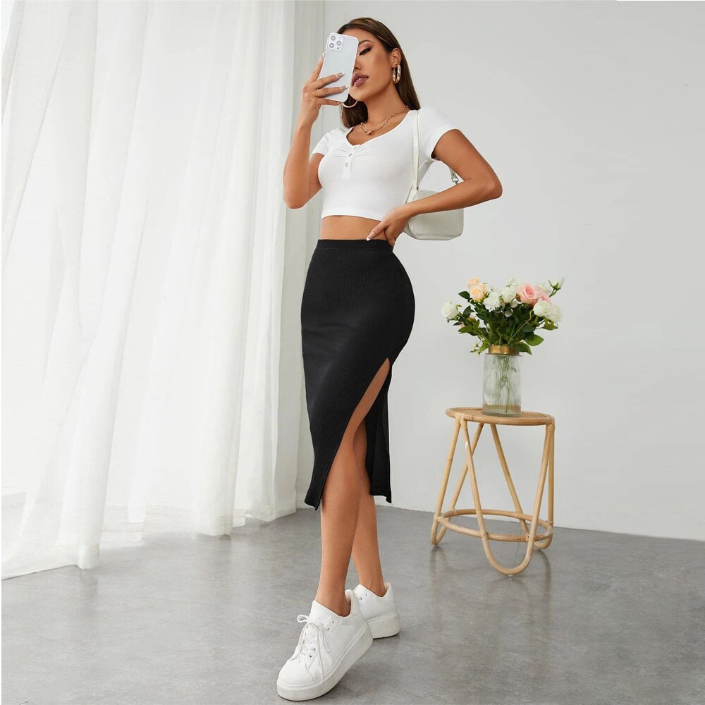 Lizakosht Spring And Summer Sexy Fashion Women'S High Slit Bodycon Midi Slim Fit Skirt Elegant Black Split Ribbed Knit Pencil Skirts