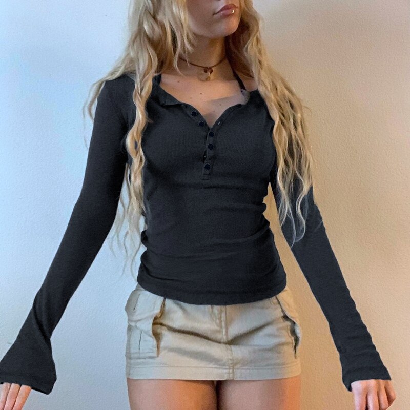 Lizakosht Y2K Button Up Ribbed Knitted Basic Tees Fairycore Retro Grunge Clothing 90s Vintage Aesthetic Slim Fit T Shirt Chic Women