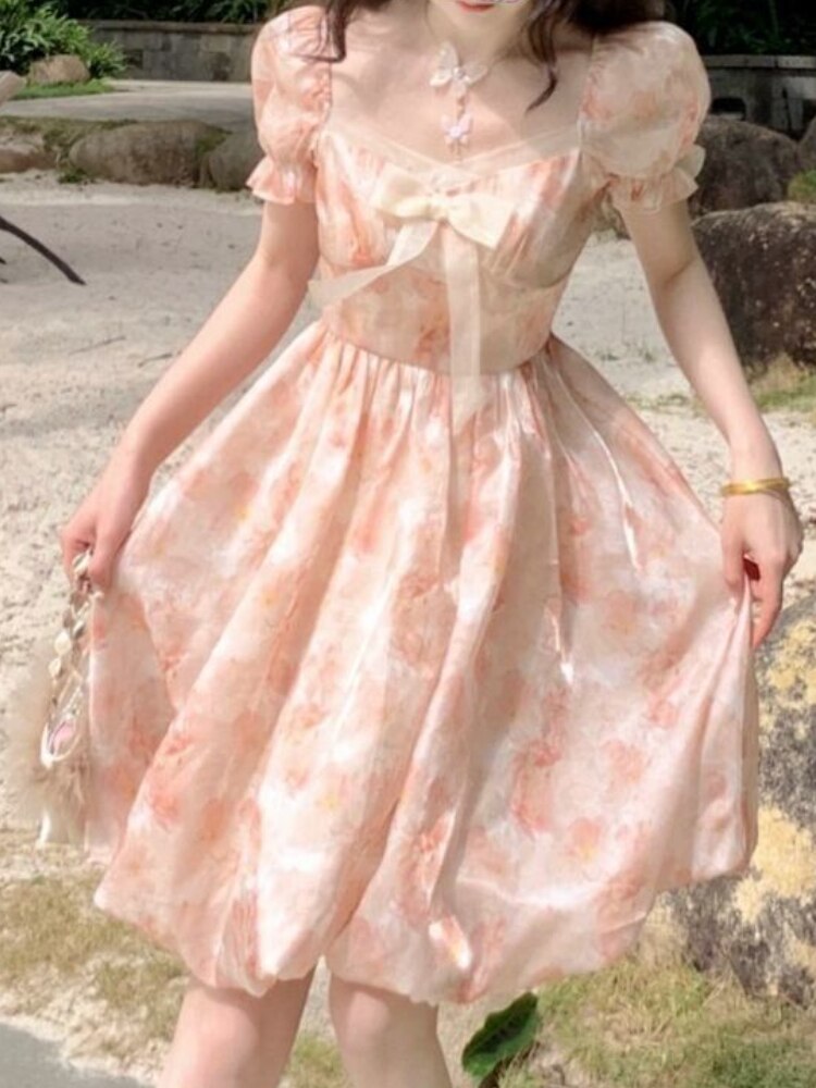 Summer Chiffon Printing Bow Sweet Dress Women Designer Bandage Backless Kawaii Dress Female Korean Glitter Cute Mini Dress 2022