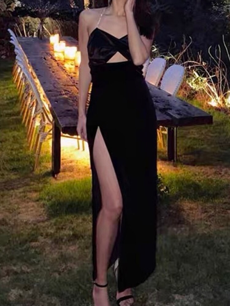 Summer Elegant Sexy Spaghetti Strap Midi Women Black Dress Bodycon Slim Backless Beach Party Vestidos Female Fashion Clothes