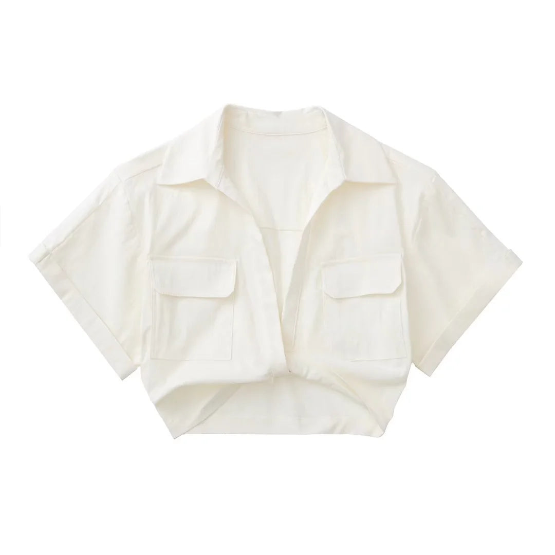 Lizakosht Pockets Turn Down Collar Shirt Crop Top Cotton Linen White High Fashion Blusa Mujer Loose Casual Summer Spring Blouse