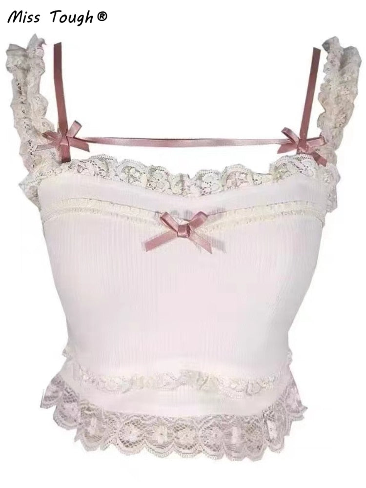 Pink Japanese Kawaii Lolita Crop Top Women White Korean College Style Sweet Tank Top Bow Lace France Princess Vset Female 2022