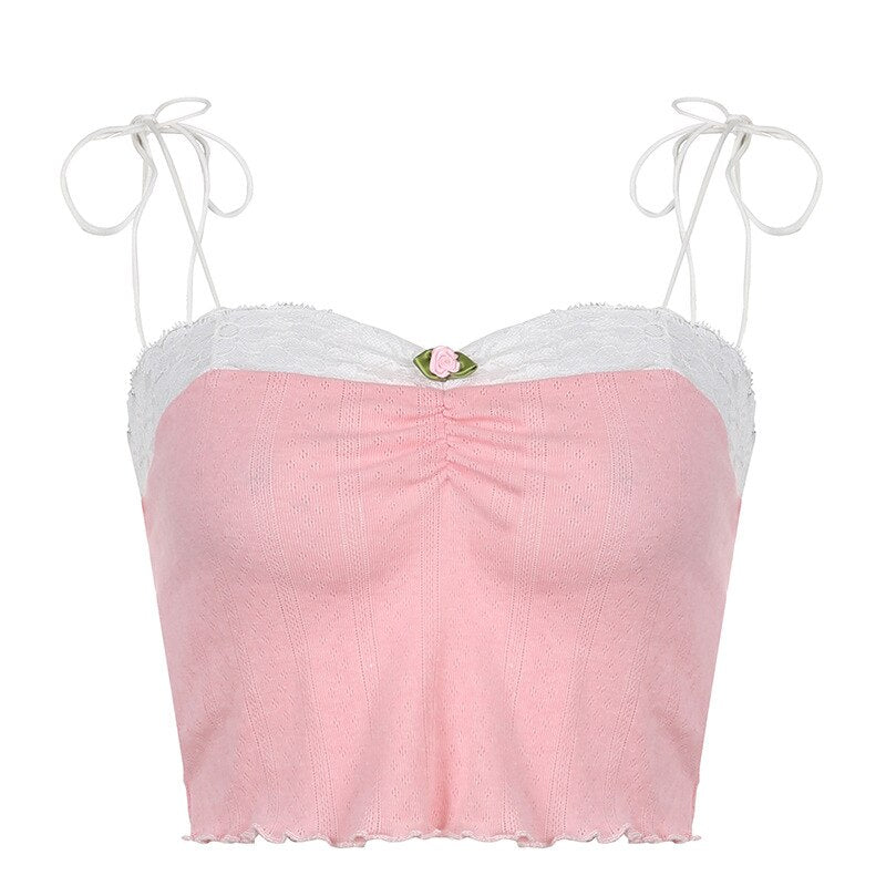 Lizakosht  Solid Color Lace Stitching Lace-up Vest Pleated 2022 New Summer Navel Small Flower Square Collar Suspender Female