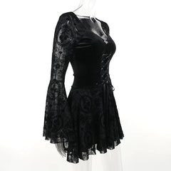 Lizakosht Harajuku Women's Vintage Gothic Long Sleeve Ruffle Mini Dress V Neck Velvet Stretchy Bodycon Cocktail Dresses Victorian Blouse