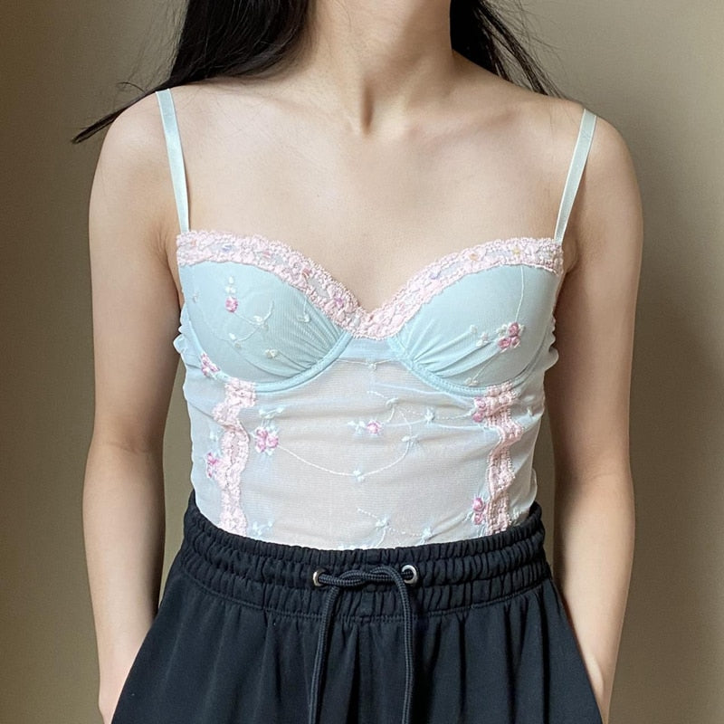 Lizakosht Floral Mesh See Through Corset Tops Fairycore Aesthetics Backless Hook Button Camis 2000s Y2K Retro Cute Crop Tops Women Vest