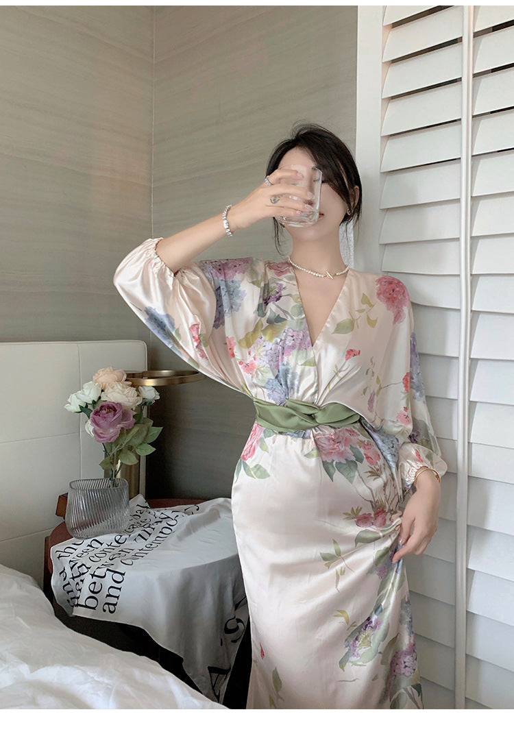 Hstar Oriental Classical Beauty Temperament Retro Ink Printing V-neck Women 2022 Summer Slim Long Elegant Dress robe traf boho