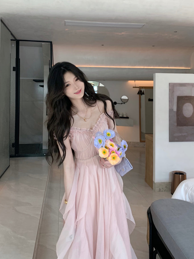 Party Pink Strap Dress Evening Women Casual Boho Beach Style Midi Dress Office Lady Korean Clothing 2022 Summer Chic Elegant