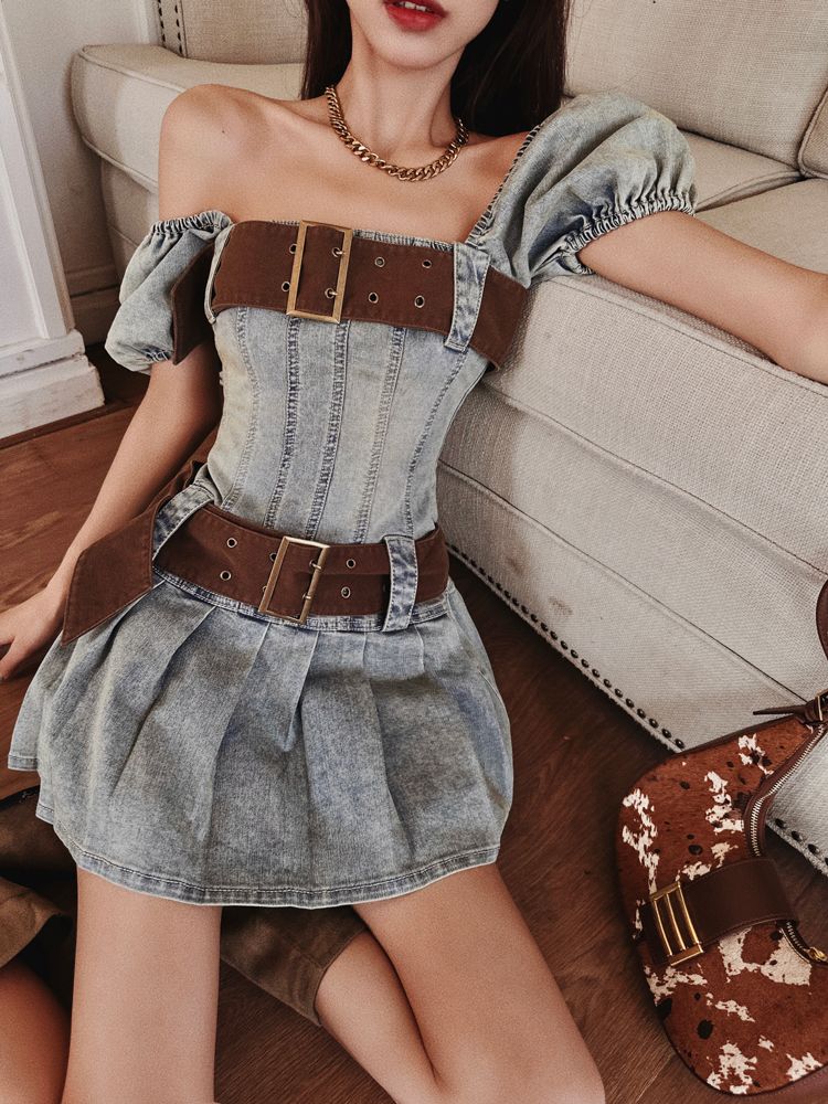 Lizakosht Sexy Y2k Dress Denim Women Streetwear Chic Bodycon Summer Mini Dresses Pleated Square Collar Puff Sleeve Party Robe