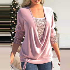 Lizakosht New Solid Sequin Patchwork V-neck Women Top Casual Long Sleeve Drawstring Loose Shirt Autumn Vintage Office Commuter Lady Blouse