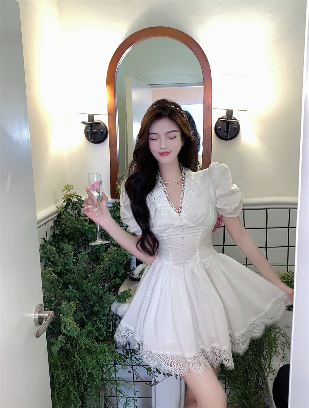 V-neck Lace Princess Dress Sexy Women's Summer Mini Dress 2022 Black High Waist  Slim Puffy Short Sleeve Party Dress Robe Femme