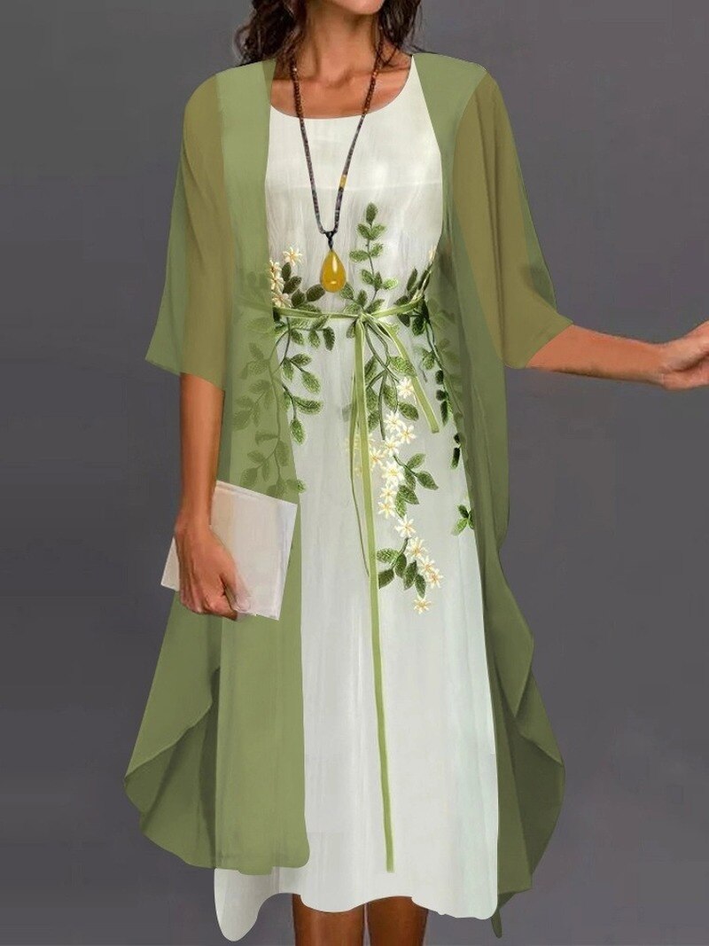 Spring Summer Women Sleeveless Dress Chiffon Irregular Coat Two Piece Set 2022 Lace Printed A-LINE O-Neck Casual Dresses