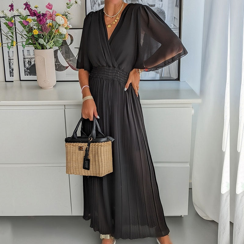 Lizakosht Women V Neck Short Sleeve Office Romper Elegant Casual Solid Color Long Jumpsuits Fashion Simple Elastic Waisted Pleated Rompers