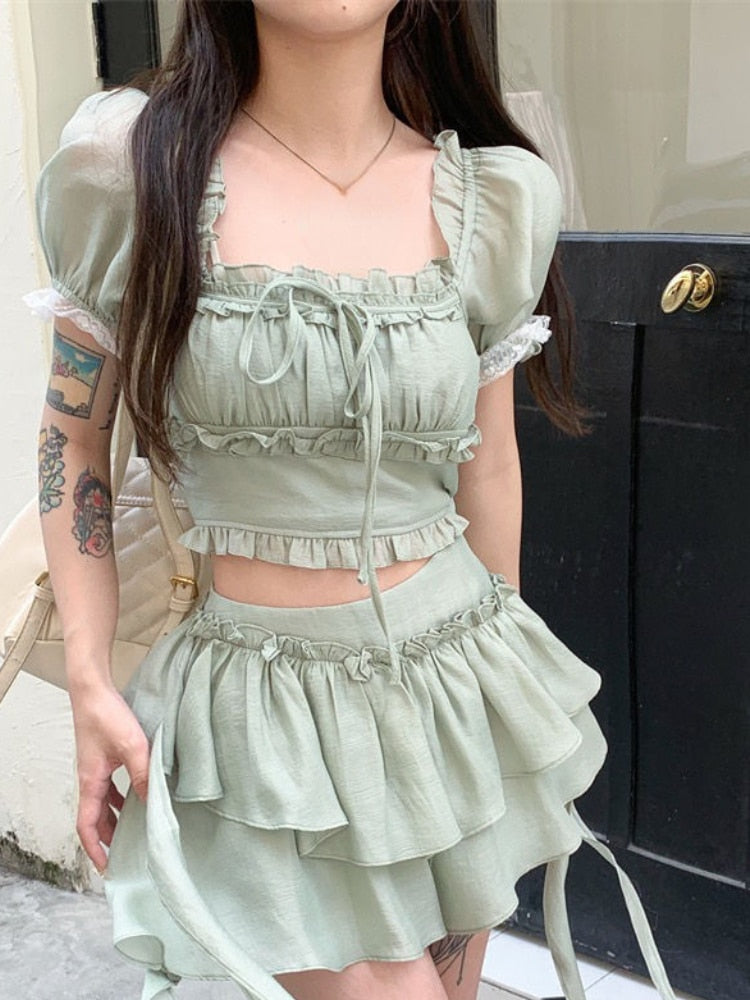Lizakosht Green France Sweet Two Piece Set Women Summer Korean Style Mini Skirt Suit Female Elegant Puff Sleeve Tops＋Irregular Skirts