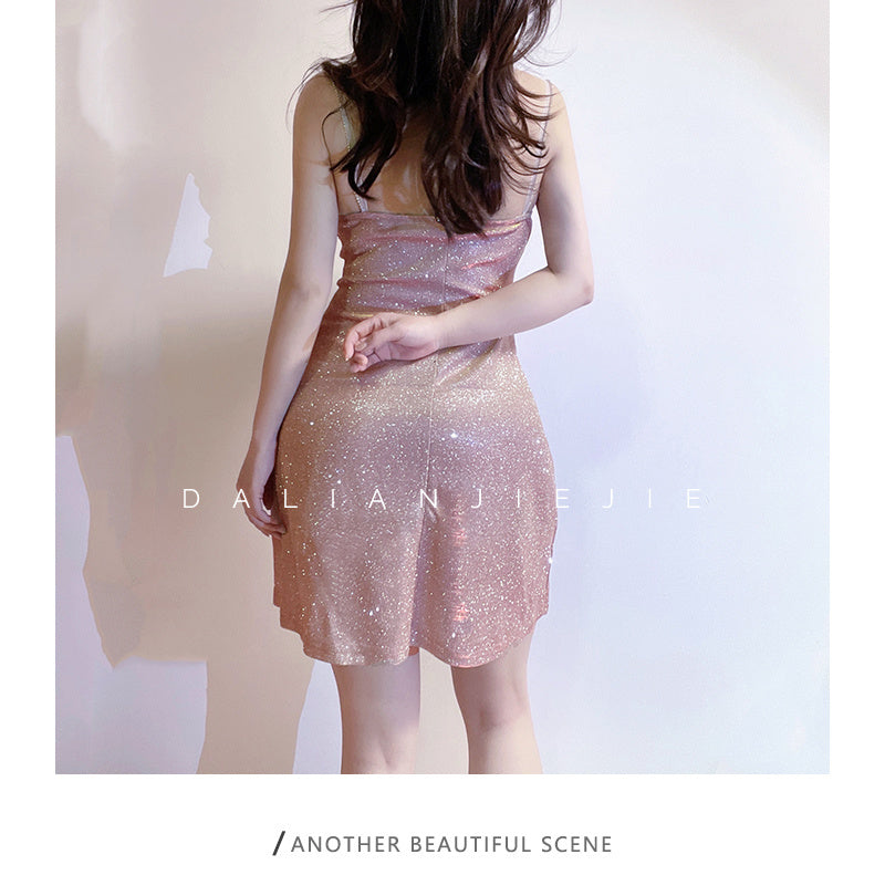 Lizakosht Glitter Diamond Glow Pink Camisole Mini Dress Fairy Sweet Tops Kawaii Girl Hot Sexy Korean Women Summer Beach R6MC