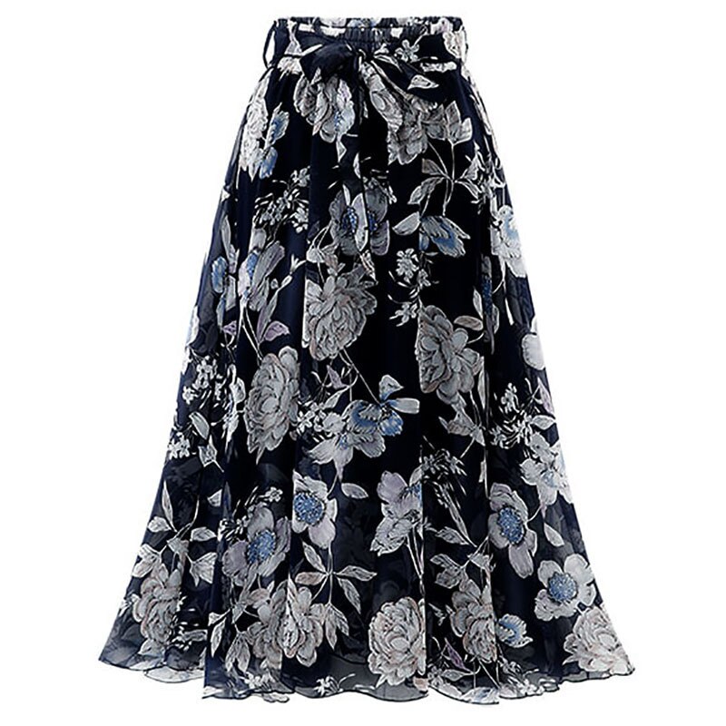 Lizakosht Women's Skirt Summer Fashion Printed Pleated Chiffon Skirt Women's Casual Lace-up High Waist Mid-Calf Skirt