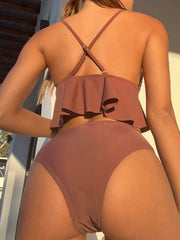 Sexy V Neck Cross Backless Sling Bikini Swimsuit New Women Solid Ruffles Swimwear Set Fashion High Waist Beachwear Two Piece Set