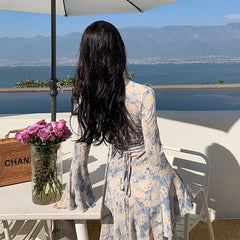 Lizakosht Blue Printed Elegance Dress Women Summer Hollow Out Evening Party Dresses Ladies Sexy Long Vestido Vacation