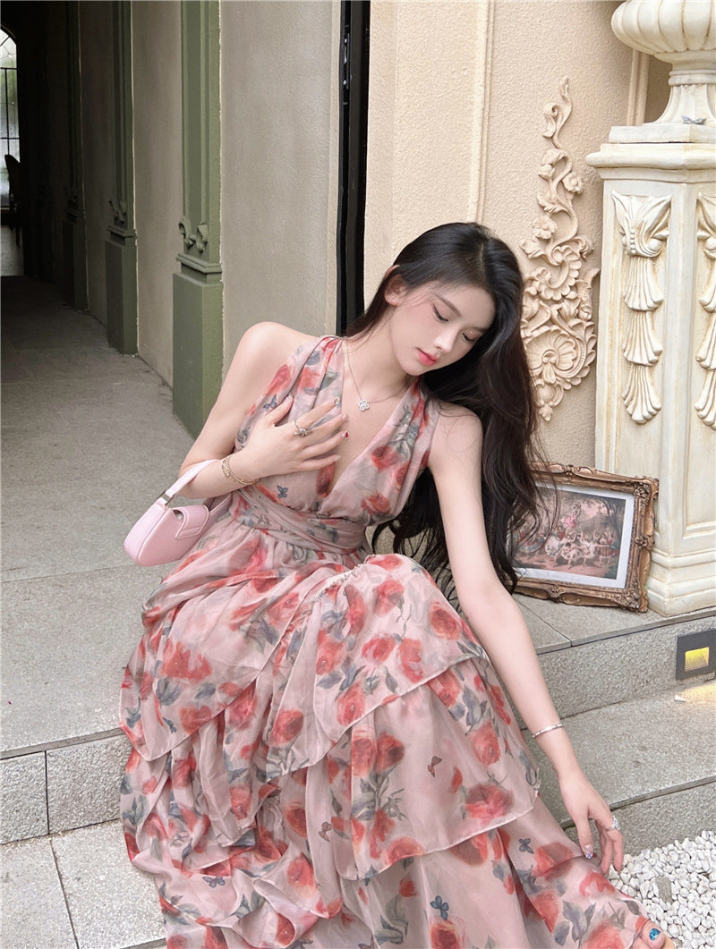Lizakosht  Summer Backless Beach Long Maxi Dress Vintage Cascading Ruffles Deep V Neck Sexy Floral Print Party Dress Sleeveless Design F242