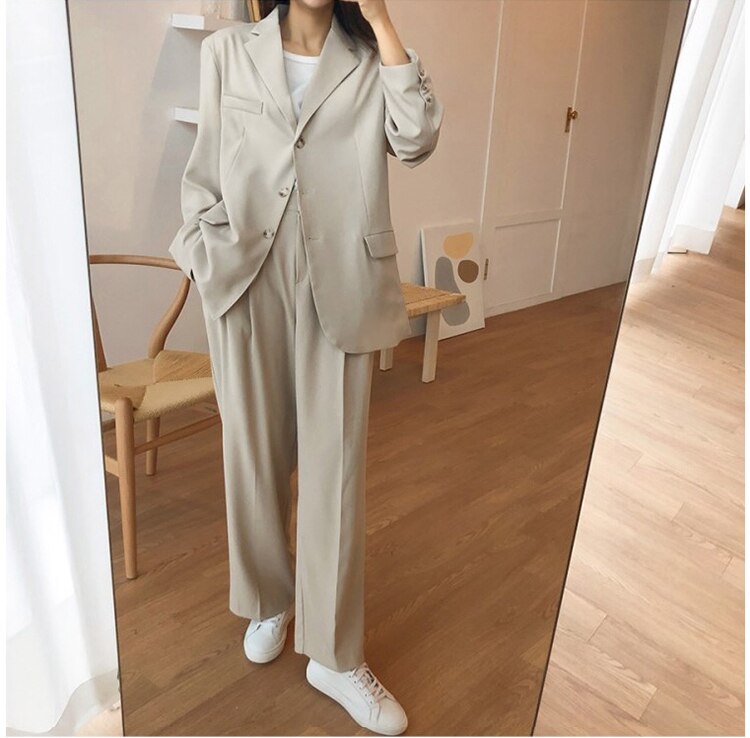Lizakosht Office Lady Blazer Suits Korean Style Two Piece Set Women Suit Jacket + Wide Leg Pants OL Ensemble Femme 2 Piece Outfits Elegant