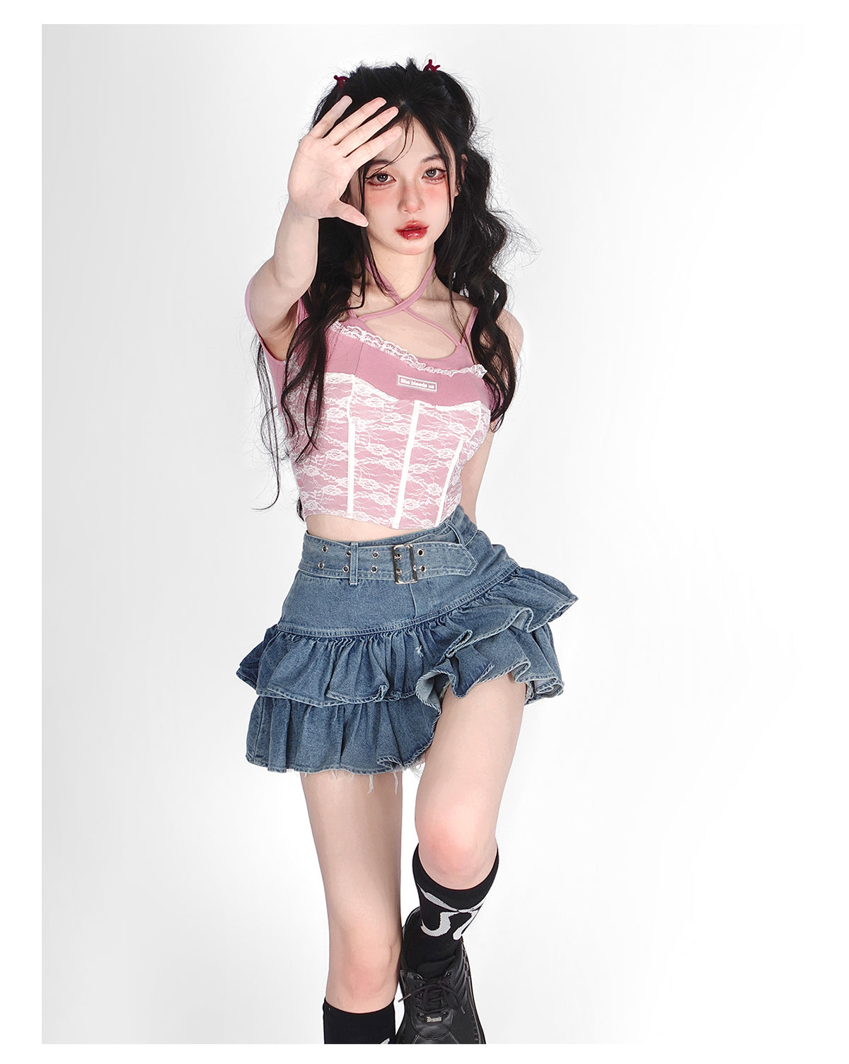 HOUZHOU Belts Y2k Pleated Denim Skirt Women Sexy Egirl Double Layer Ruffle Patchwork High Waist Jean Skirt Shorts Punk Summer