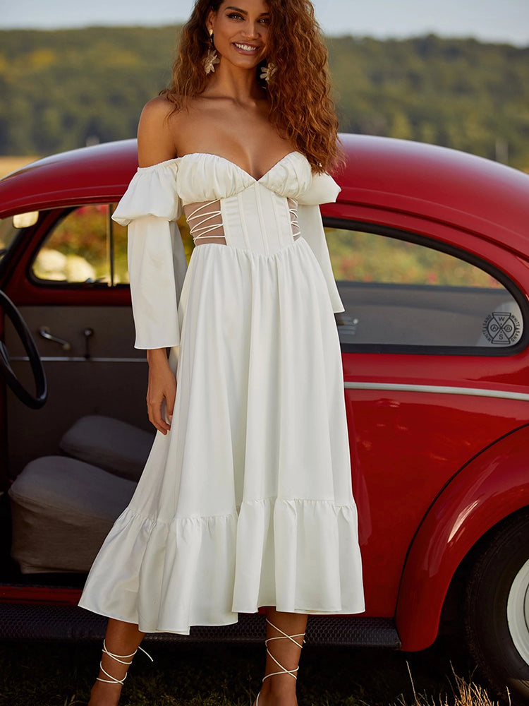 Summer Women'S Dress One Word Neck Slanted Shoulder Long Sleeve Fishbone Solid Color Dress Casual Pastoral White Backless Dress