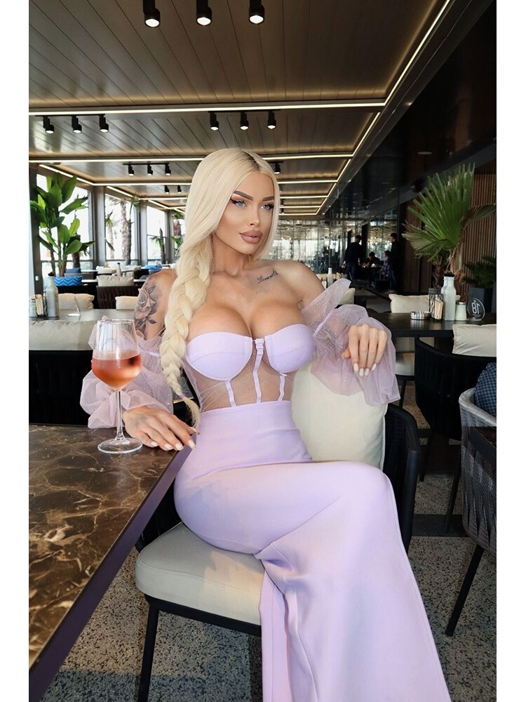 Lizakosht Elegant Violet Mesh Puff Sleeve High Slit Bandage Dresses Sexy Off Shoulder Sequins Long Sleeve Midi Dress Evening Party Dress