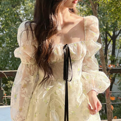 Lizakosht  Summer Sweet Floral Midi Dress Long Sleeve Elegant Short Party Dress Woman Casual Vintage One Piece Dress Korea Fashion Bow