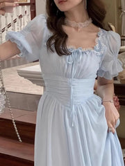 Lizakosht Summer Elegant Women Sweet Party Midi Holiday Dresses Casual Female Lace Up Robe