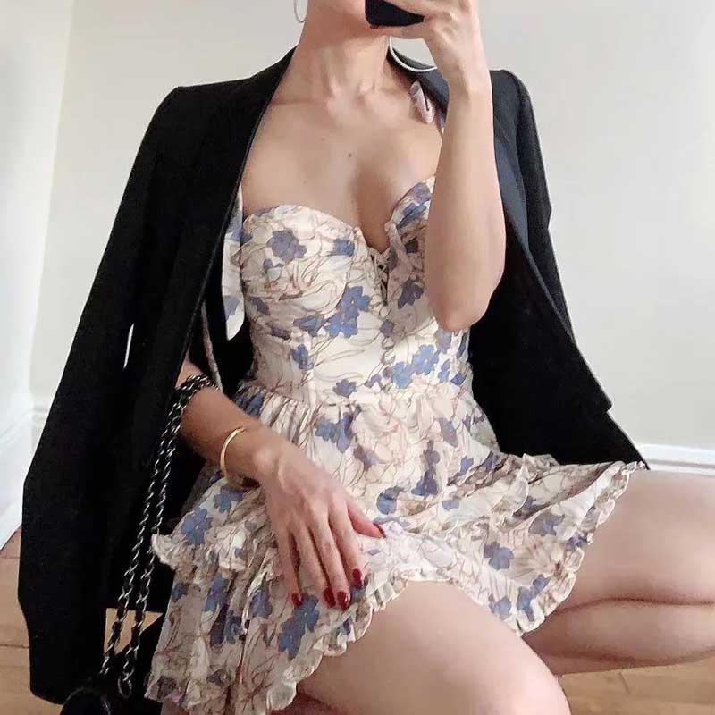 Lizakosht  women's floral sleeveless summer dress bow tied straps tiered ruffled mini party dress ladies chic girl sexy dress