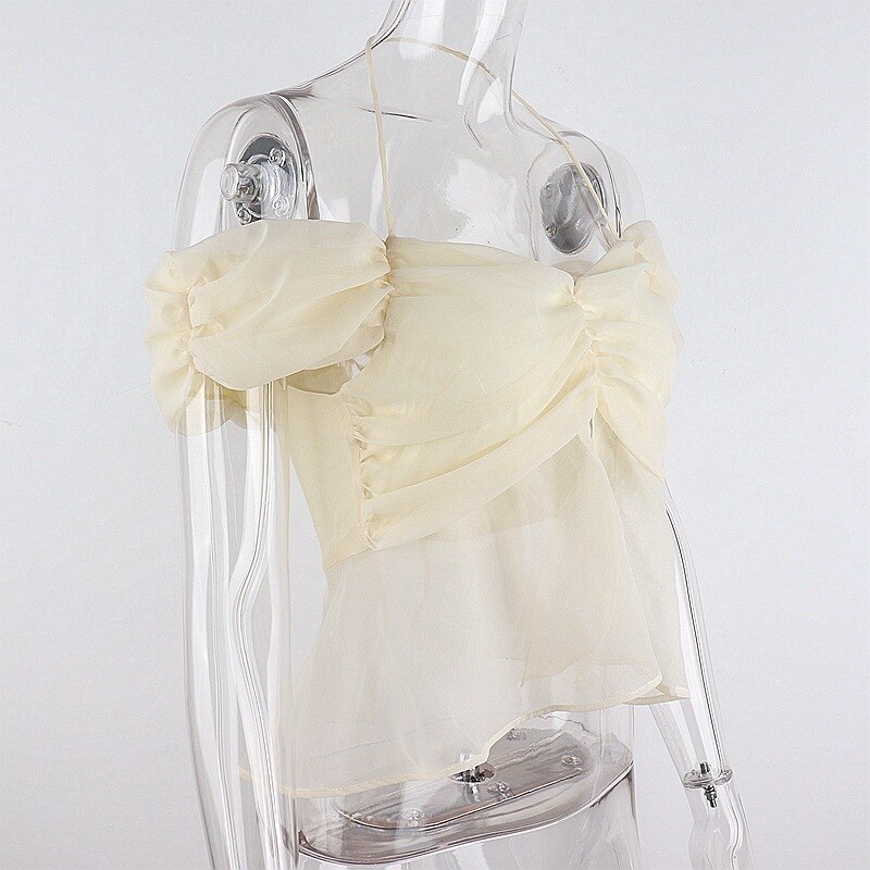 Summer T-Shirt for Women New Fashion Sweet Bow Knot Pile Sleeves Sexy Mesh Back Hollow Tether Hanging Neck Stitching Top Women