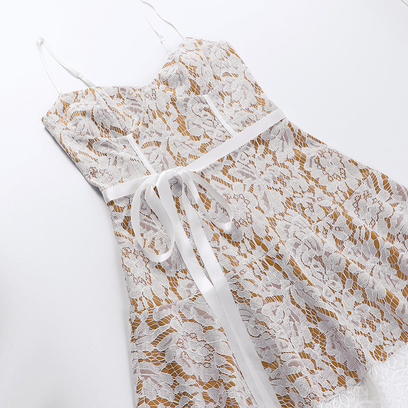 Lizakosht  French Lace Dress Women 2022 Summer Retro Sweet Sexy Sling Party Dress Spaghetti Strap High Waist Low Cut Cut Dress