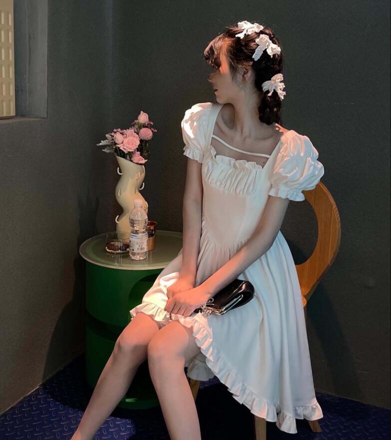 Vintage Lolita Dress Women Irregular High Low Ruffle Patchwork Square Collar Puff Sleeve Solid Elegant Princess Dress
