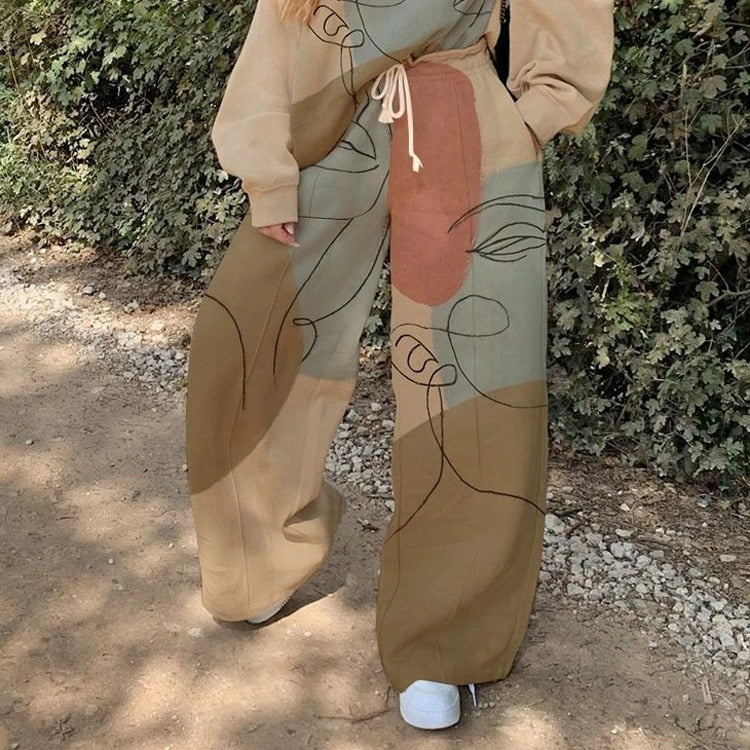 Lizakosht Autumn 2-Piece Set Women's Printed Casual Round Neck Sweater + Sports Wide Leg Pants Streetwear Basic Hoodie Set