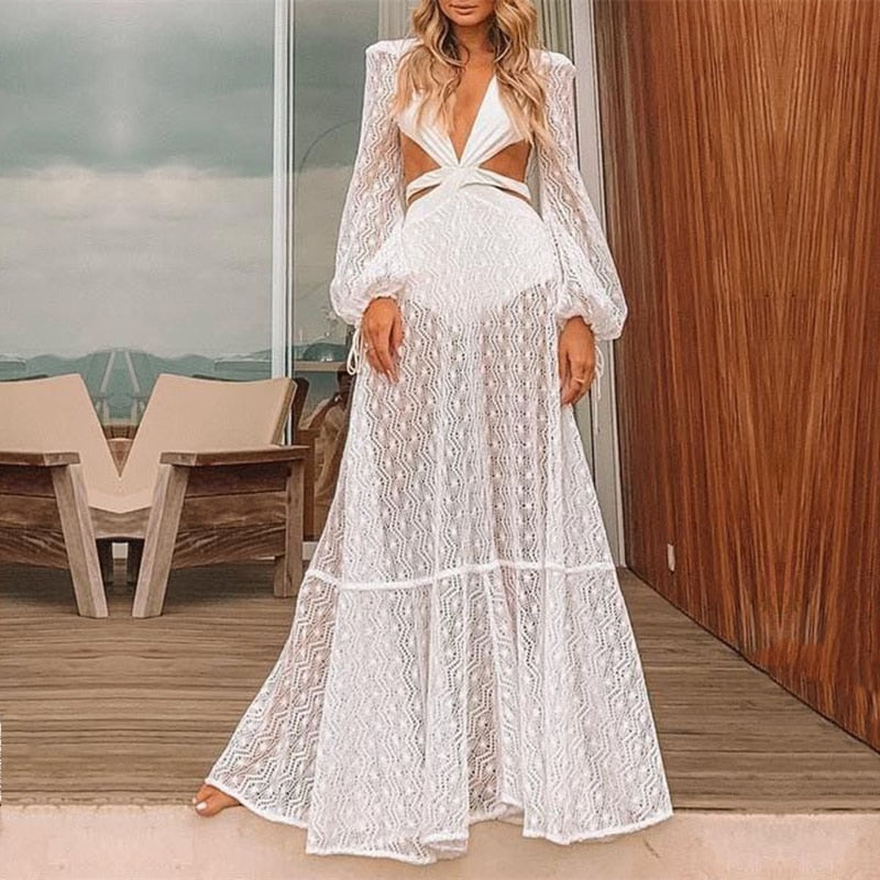 Sexy V-Neck Backless Hollow Out Dress 2022 Summer Women Lantern Sleeve Club Party Long Maxi Dresses Tunic Beach Cover Up A916