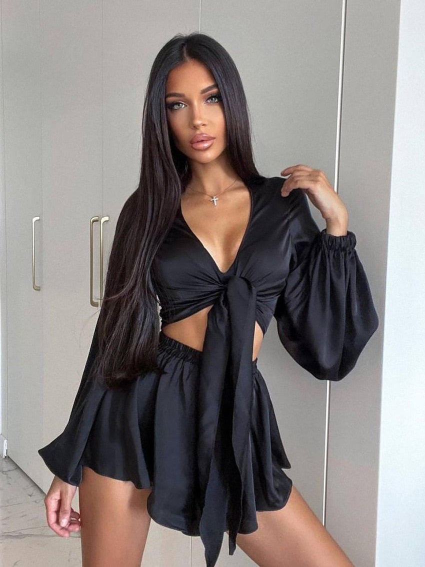 Lizakosht Fashion Women'S Pajamas Sets Sexy V-Neck Sleepwear Long Sleeve Lace Up  Nightwear Shorts Summer Femme Pyjamas Suits