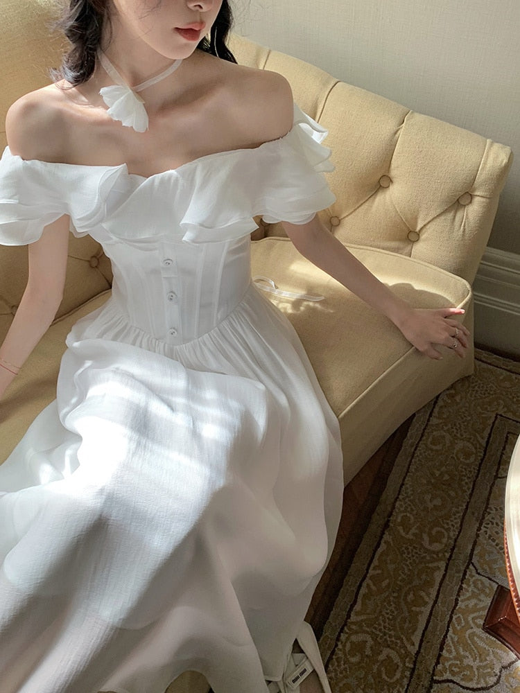 Lizakosht White Sweet Fairy Dress Women Summer Slash Neck Ruffles Patchwork High Waist Midi Dresses Ladies Elegant Evening Party Vestidos