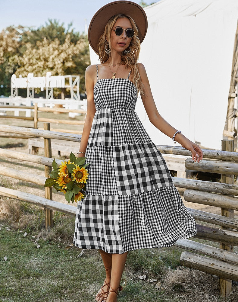 Lizakosht Summer New Women's Clothing Mid-length Light Mature Fashion Plaid Polyester Dress Suspenders Large Swing Skirt