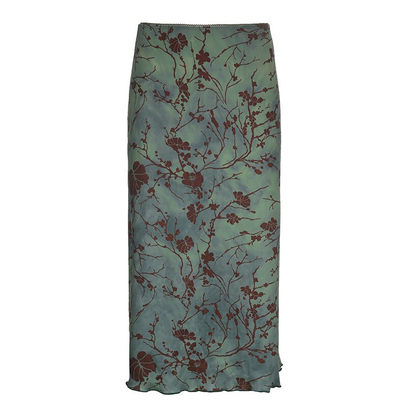 Lizakosht  Vintage Printed Long Skirt Women Y2k Grunge Green Cottagecore Low Waist Slim Straight Midi Skirt Girls 90s Aesthetic