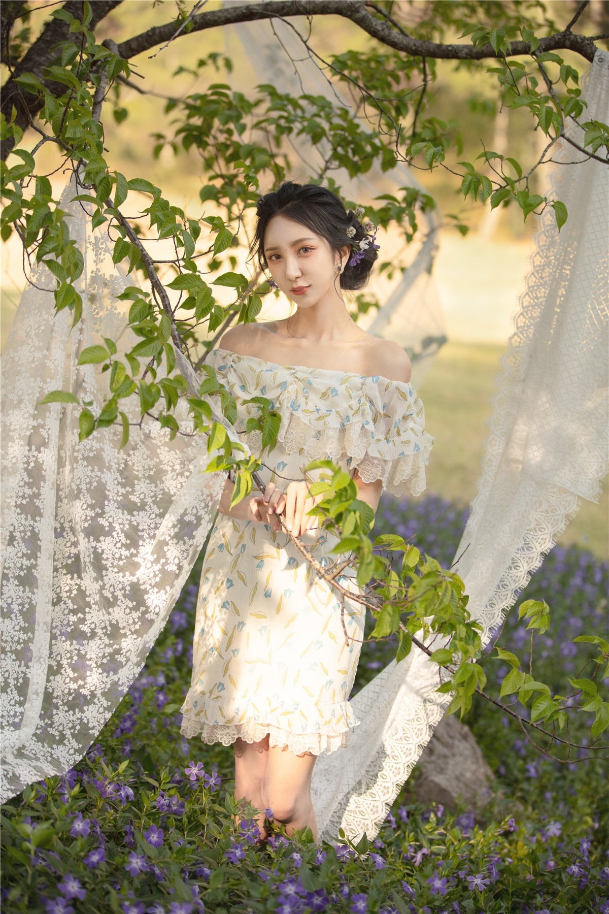 Lizakosht Dress For Women Vintage Elegant Slim Sexy Lace Slash Neck Floral Print Mini Dress Korean Fashion Summer Chiffon Bodycon Dress