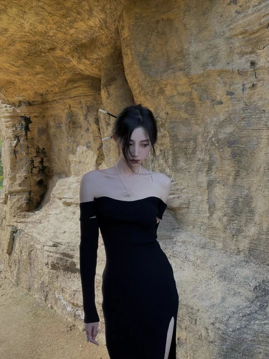 Spring Fashion Women Sexy Split Backless Off Shoulder Knitted Dress Female Club Party Y2K Dress
