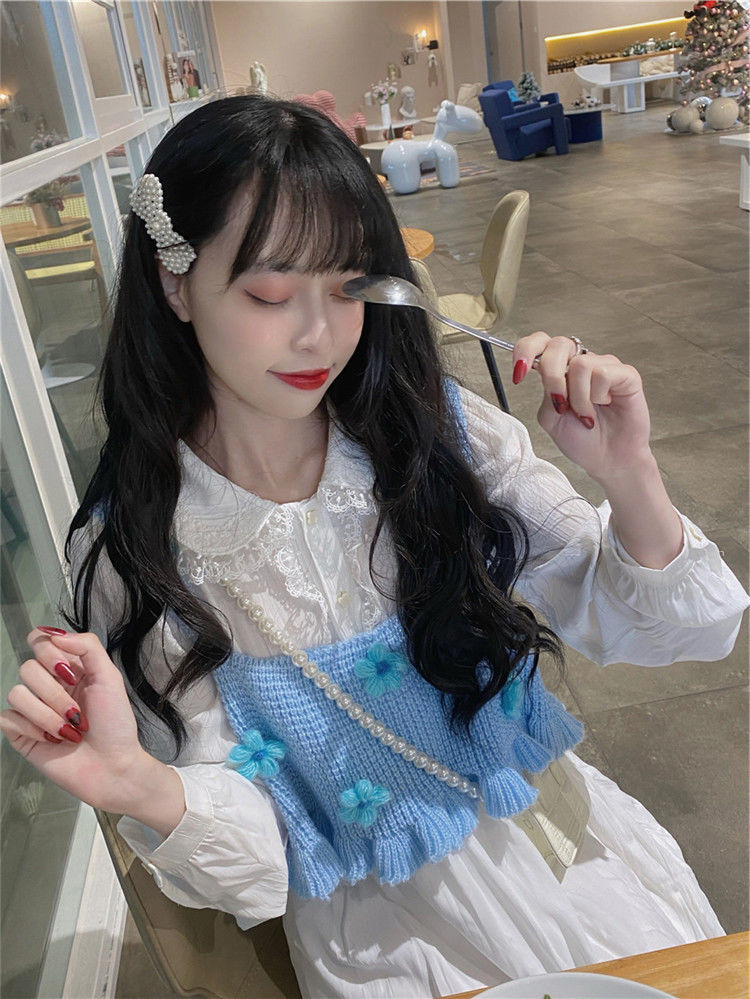 Japanese Kawaii Sweet Tank Top Women Blue Floral France Elegant Cute Tanks Female Casual Korean College Style Vset Summer 2022