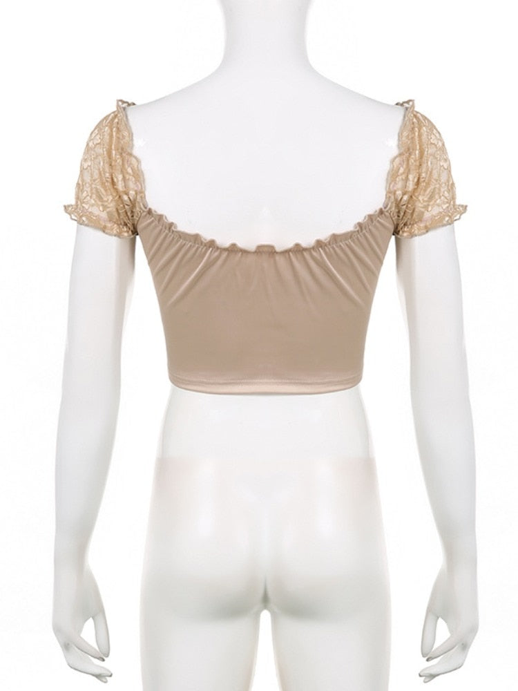 Lizakosht Tee Shirt Femmes Crop Tops V-neck Backless Puff Sleeves Lace Top Womens Tops and Blouses Summer Clothes Fashion T Shirt