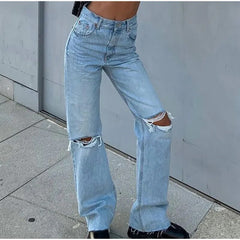 Lizakosht High Waist Baggy Straight Jeans Mom Streetwear Ripped Hole Distressed Denim Pants Vintage Women Casual Tassels Wide Leg Trousers
