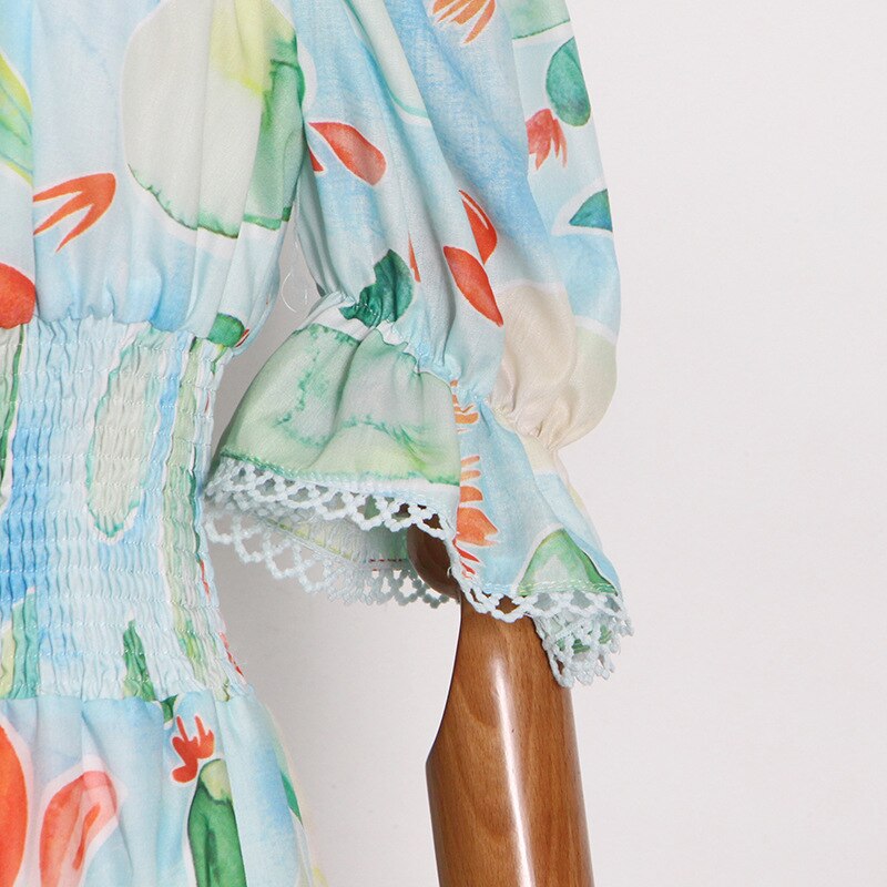 Lizakosht Summer Chiffon Dress New Square Neck Puff Sleeve Printed A-Line Short Dress Free Shipping