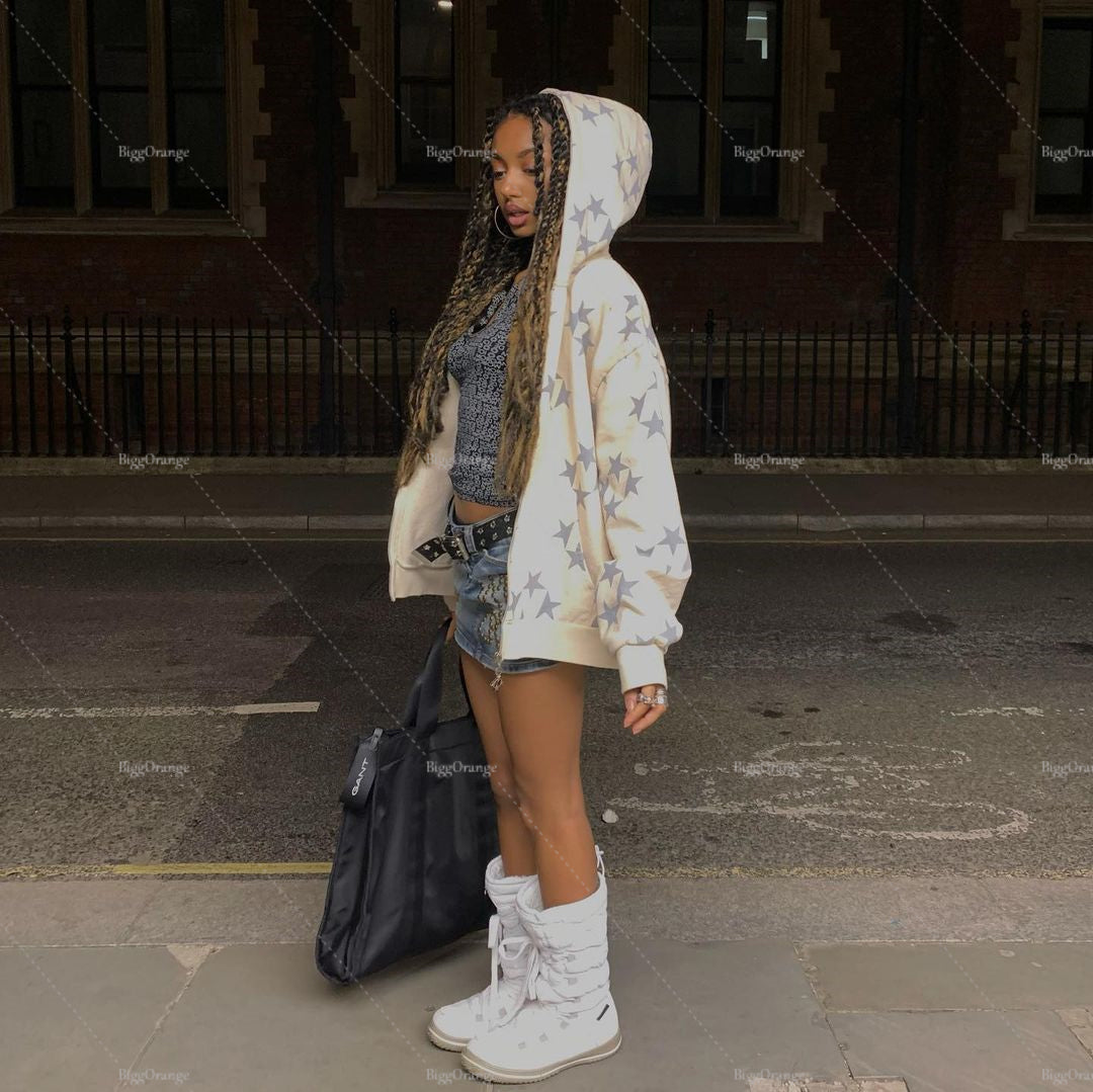 Retro Fashion Star Pattern Hoodie Streetwear Y2k Sweatshirt Men Pullover Zip Jacket Women Fashion Women's Tops harajuku hoodie