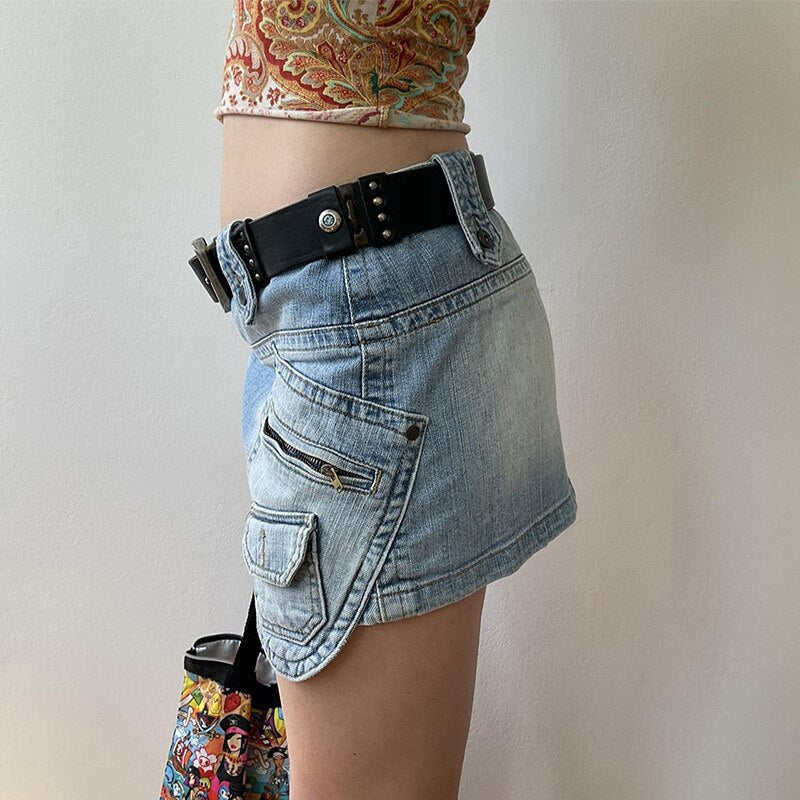 Lizakosht Street Trend Irregular Women's Denim Skirt Fashion Pocket Design Gradient Color Hip Skirt Casual Women Short Skirts New