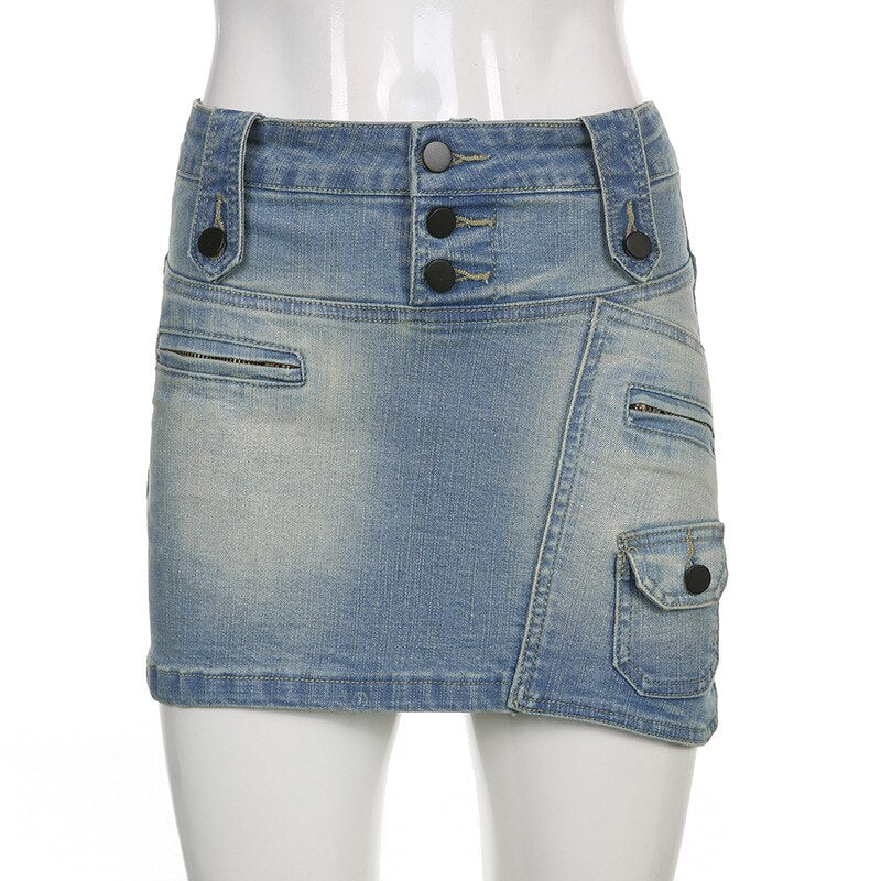 Lizakosht Street Trend Irregular Women's Denim Skirt Fashion Pocket Design Gradient Color Hip Skirt Casual Women Short Skirts New