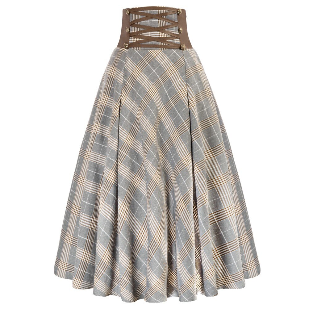 SD Womens Plaid Skirts Vintage Renaissance Corset Waisted Skirt High Waist Buttons Elegant Beach Harajuku Long A-Line Skirt
