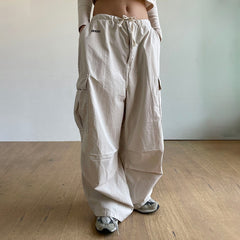 Lizakosht Ladies Harajuku Baggy Drawstring Pockets Cargo Pants Women Letter Embroidery Low Waist Casual Straight Trousers